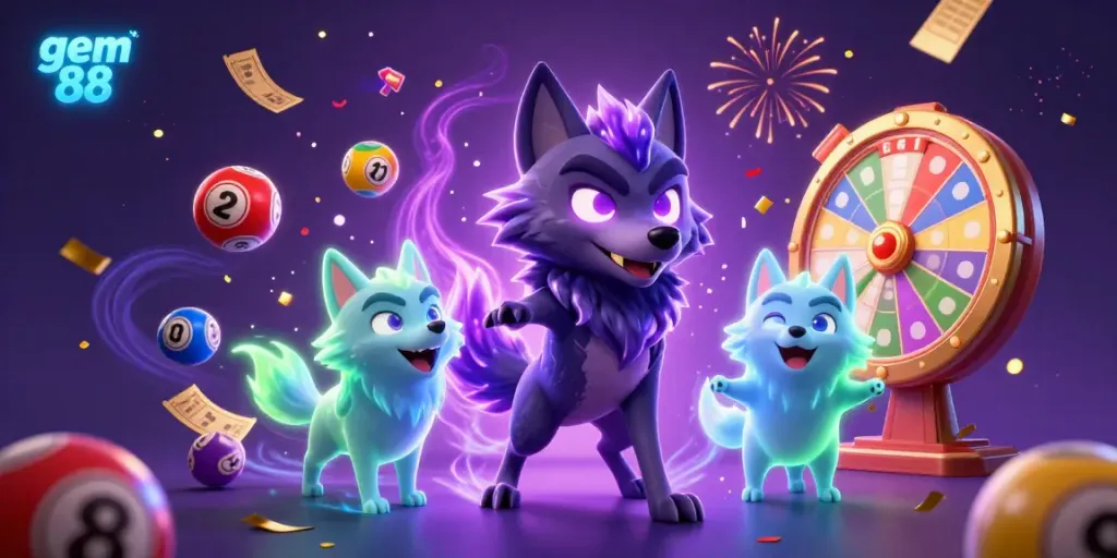 Engage with gem 88 through vibrant lottery-themed 3D illustration showcasing dynamic game elements and ghostly companions.
