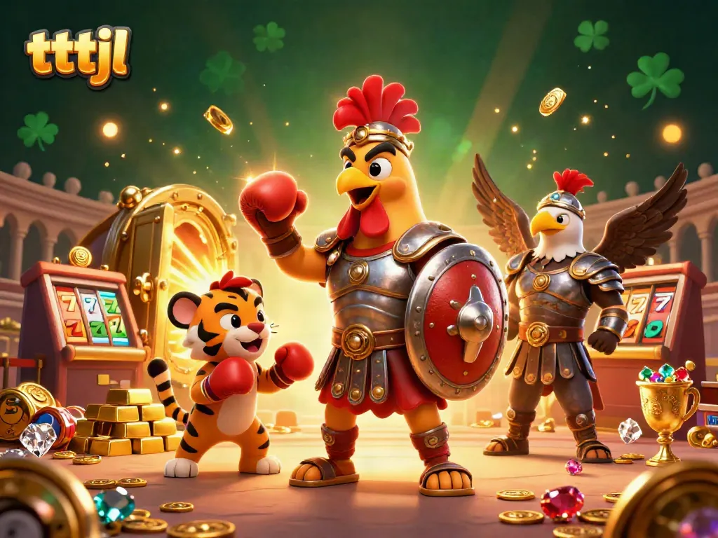 Engage in thrilling casino action with tttjl's vibrant 3D gladiator rooster scene packed with winning elements.