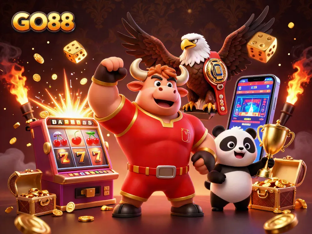 Engagingly showcase GO88 with a victorious bull, eagle, and panda in a dynamic casino scene full of excitement.