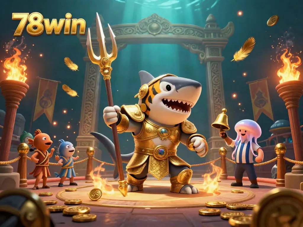 Engage in thrilling underwater action at 78win featuring a golden tiger shark and vibrant marine life.