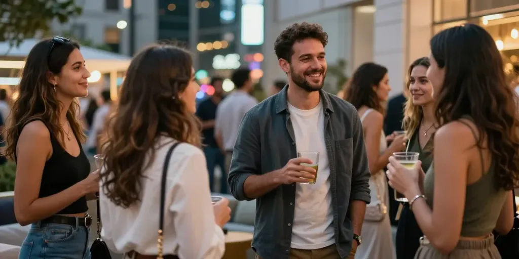 Master social dynamics at a lively social gathering with engaging conversation.