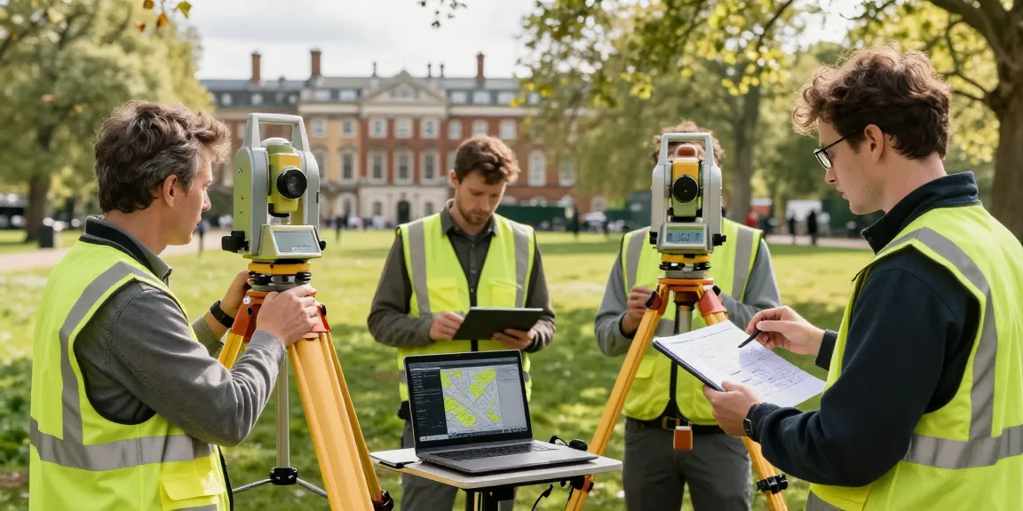 Topographical surveys London & Surrey team measuring land with advanced equipment in a green park.