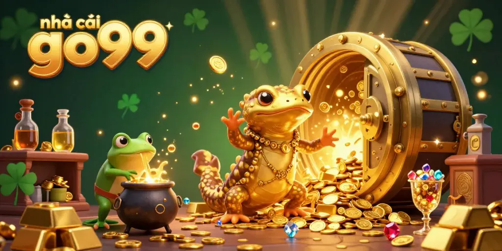Engage in exciting gameplay at nhà cái go99 with vibrant golden treasures, dynamic characters, and enchanting light effects.