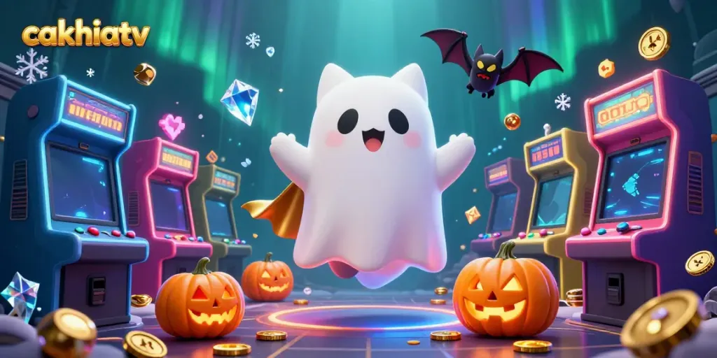 Engage with cakhiatv's vibrant casino scene through a friendly ghost cat and vampire bat.