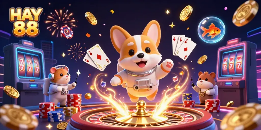 Experience HAY 88 with a vibrant casino scene featuring unique characters and dazzling game elements.
