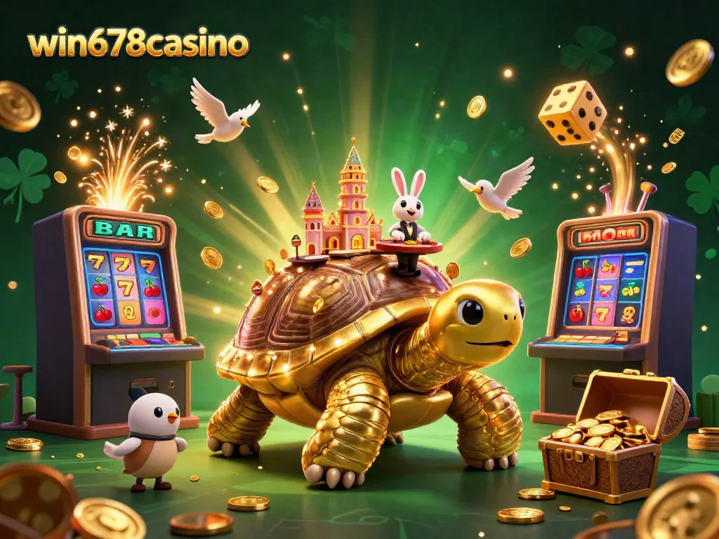 Experience thrilling playing at win678casino with a vibrant 3D illustration showcasing casino games and golden adventures.