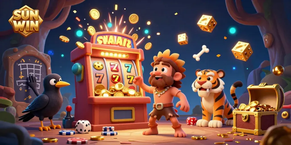 Experience the excitement of SUN WIN with this vibrant 3D illustration showcasing a prehistoric casino bursting with action.
