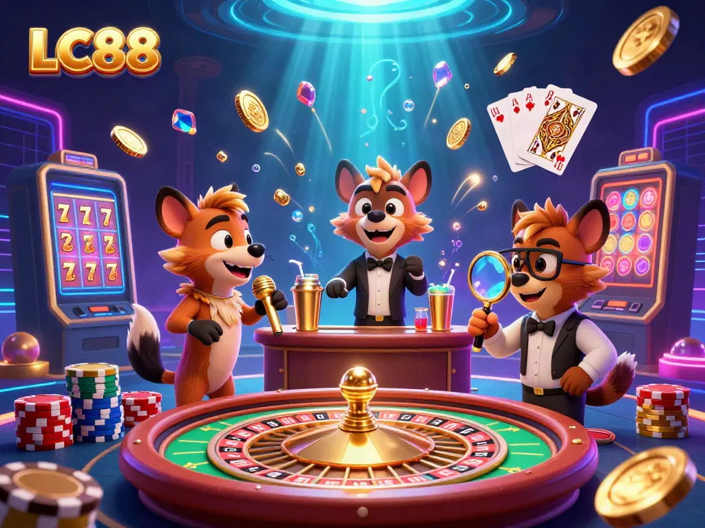 Engage with LC88's lively 3D casino atmosphere featuring hyenas in a comedy club.