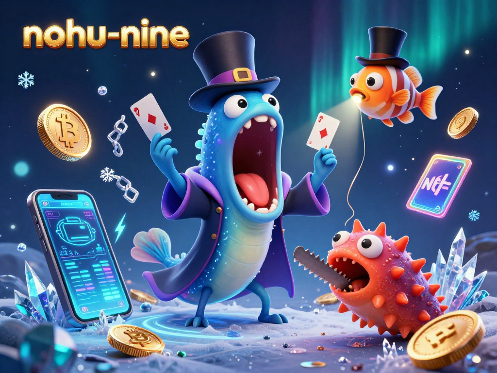 Engage with nohu-nine's thrilling card tricks amidst glowing crypto coins and underwater magic.