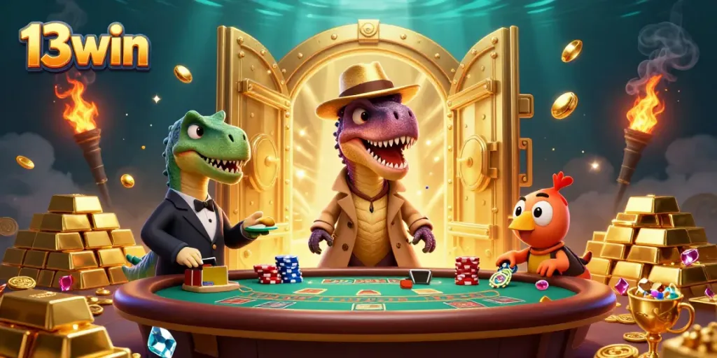 Experience the thrill of 13win with a velociraptor card counter at a luxury blackjack table.