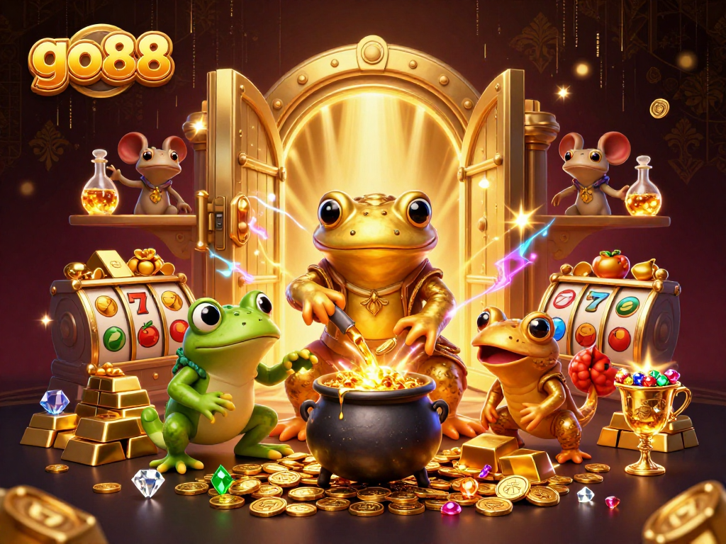 Experience the wonders of go88 as the giant golden salamander alchemist transforms metals into gold coins.
