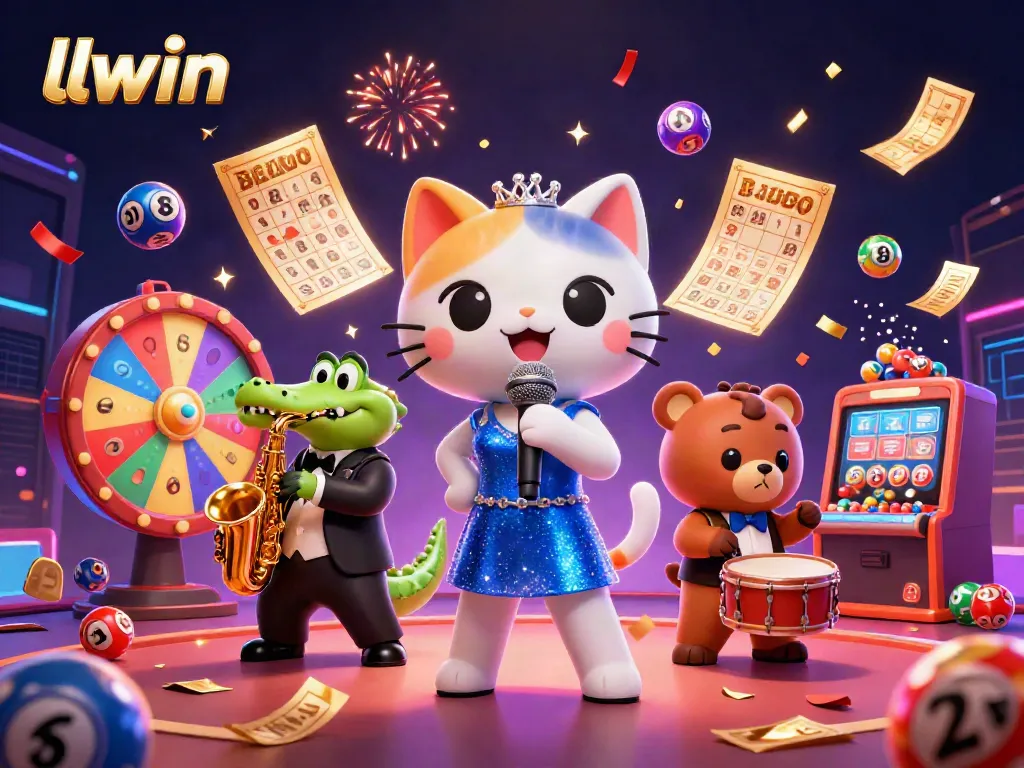 Experience the thrilling ambiance of llwin’s casino with jazzy cartoon animals performing amidst excitement and lively game elements.