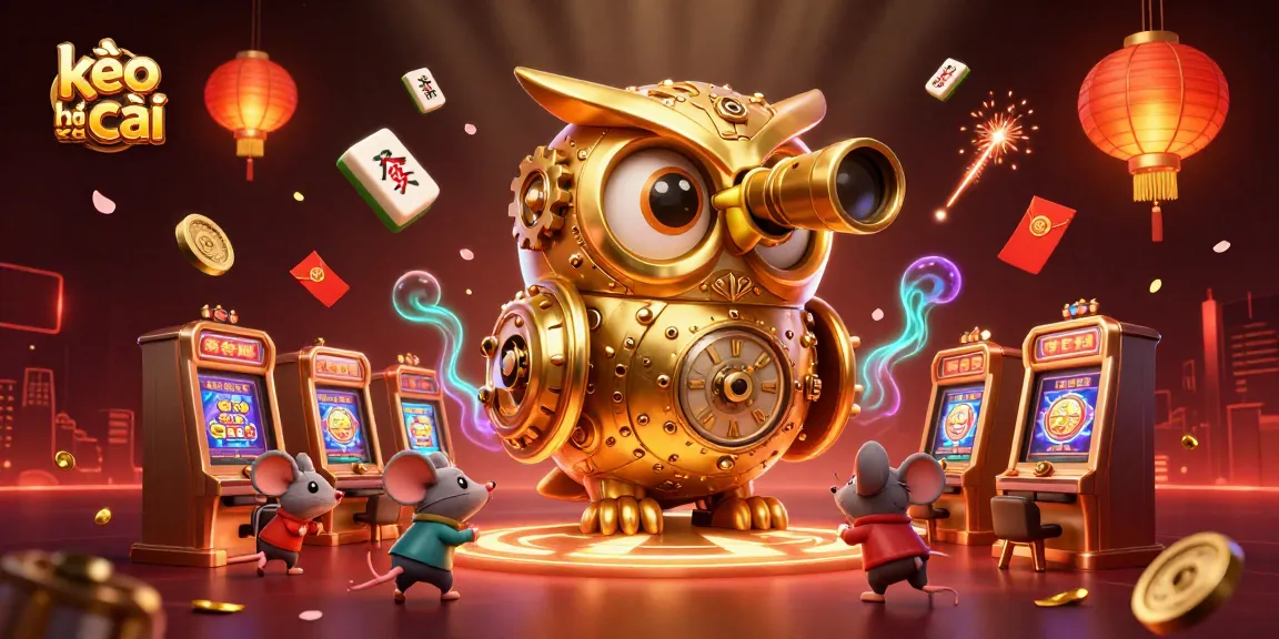 Engaging kèo nhà cái illustration showcasing a golden owl with dynamic casino elements and vibrant ambiance.