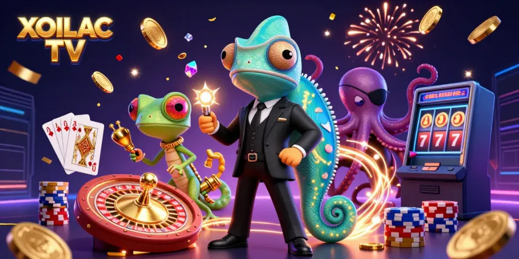 Experience intense gaming action with XOILAC TV featuring vibrant characters and dynamic casino elements.