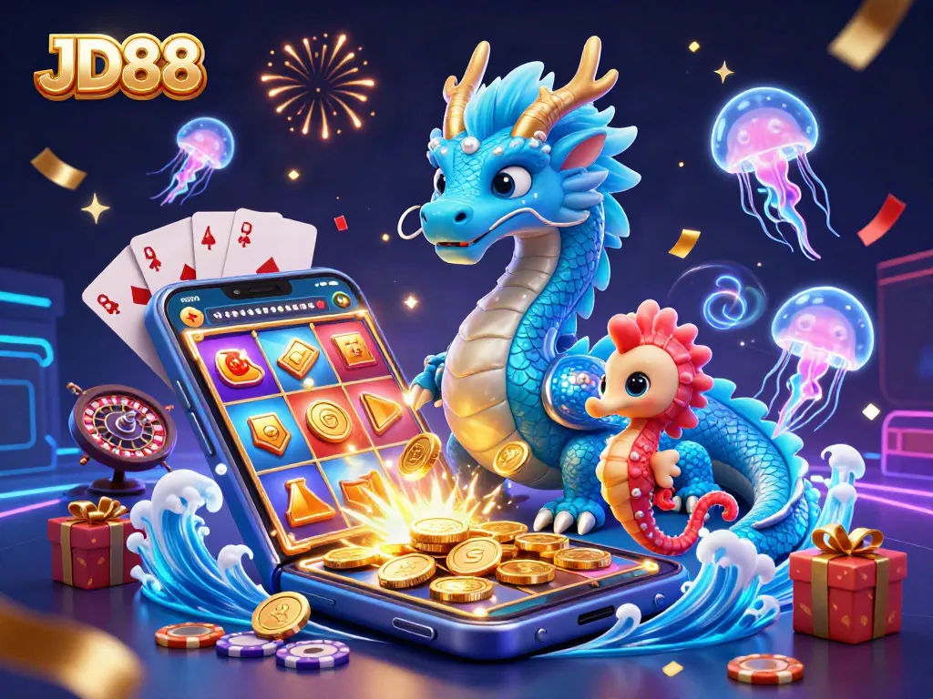 Engage with JD88's vibrant casino world featuring a dragon, seahorse knight, and magical slot games.