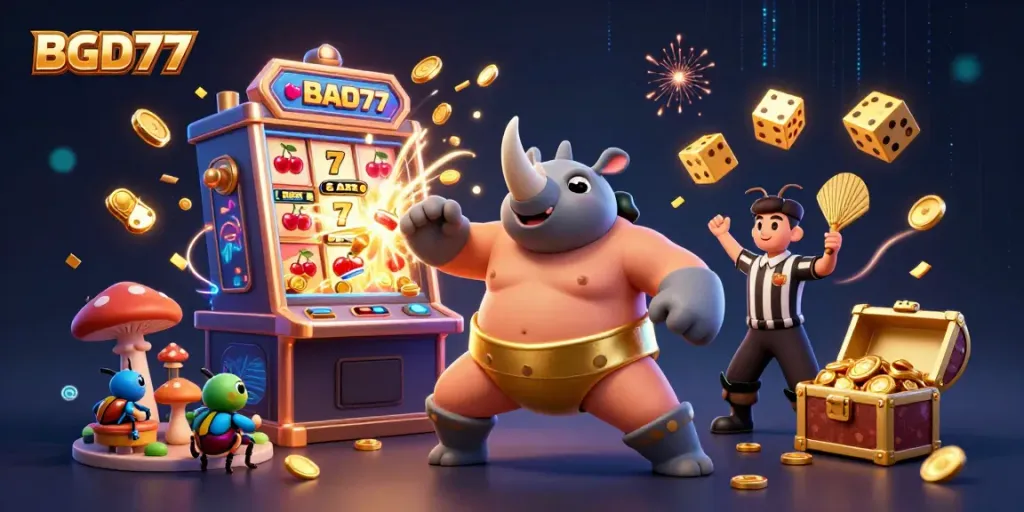 Experience the vibrant action of BGD77 casino with a rhinoceros beetle champion stomping golden coins amidst dynamic casino elements.