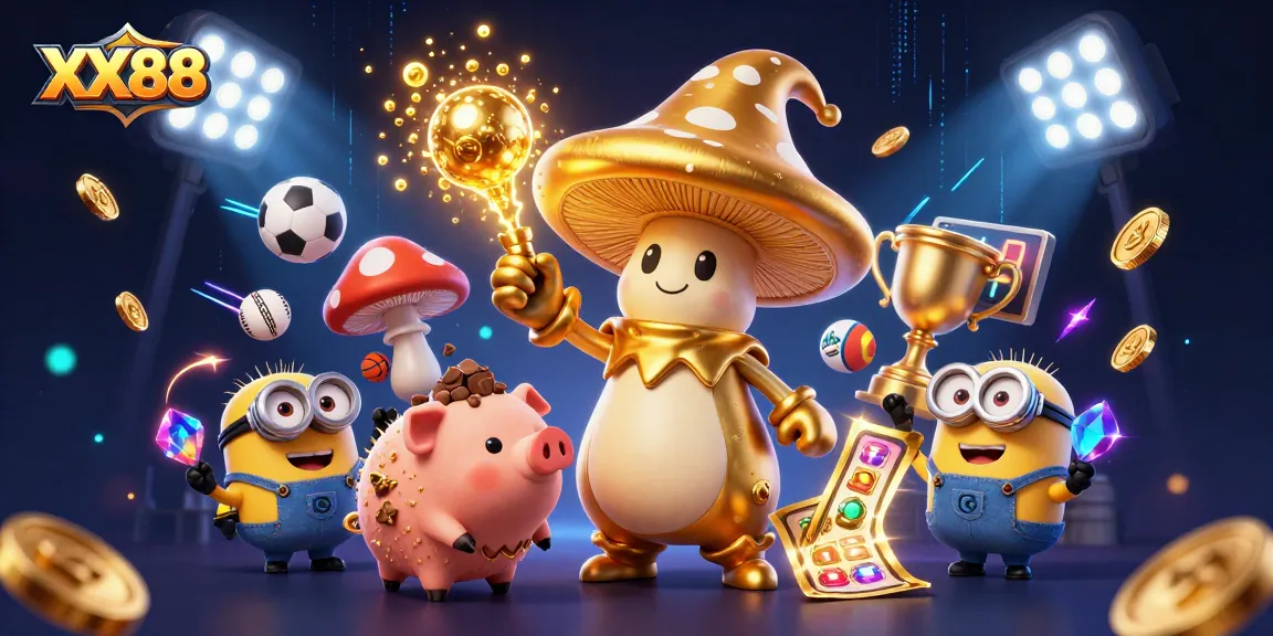 Experience thrilling gameplay with XX88 as a golden wizard channels luck amid treasures and sports elements.