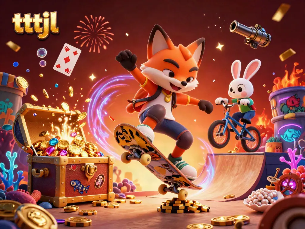 Experience winning action with tttjl, featuring a fox skateboarder and rabbit in a vibrant casino scene.