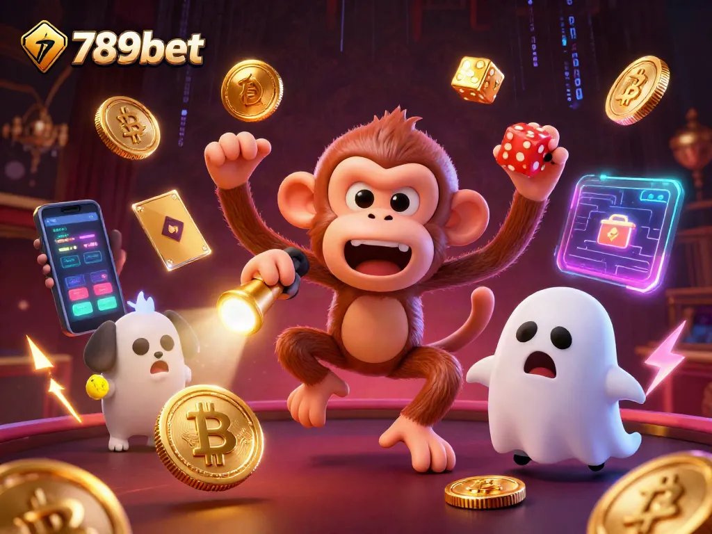 Experience thrilling gaming with 789bet, as the mischievous monkey juggles casino treasures amid a haunted backdrop.
