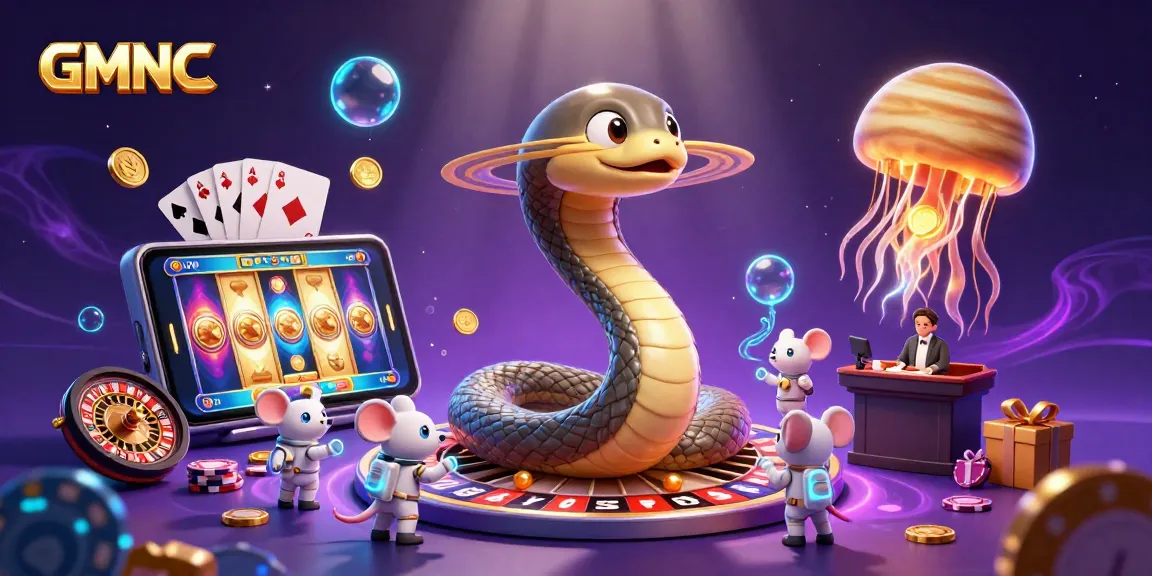 GMNC showcases a vibrant cosmic casino scene with a Saturn snake and astronaut mice placing bets.