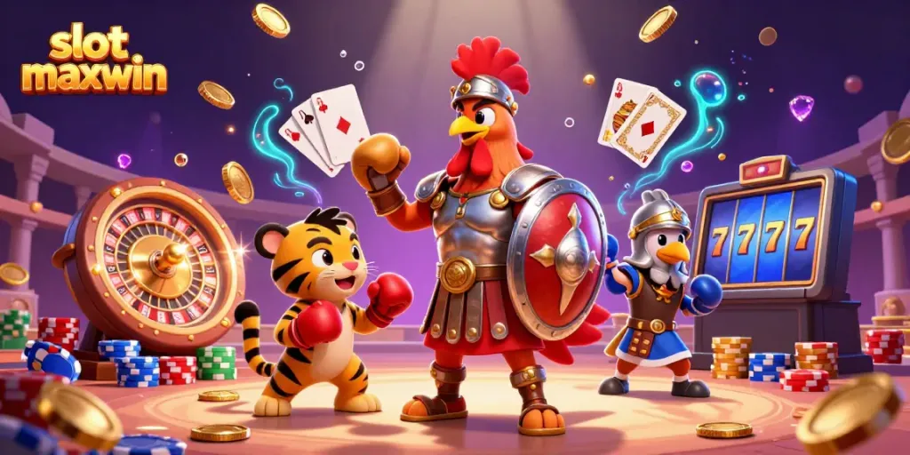 Experience slot maxwin with a vibrant 3D scene featuring characters and dynamic gaming elements.
