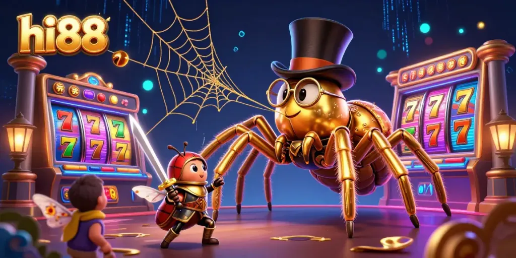 Experience thrilling gameplay with hi88 in this dynamic casino illustration showcasing vibrant slot reels and characters.