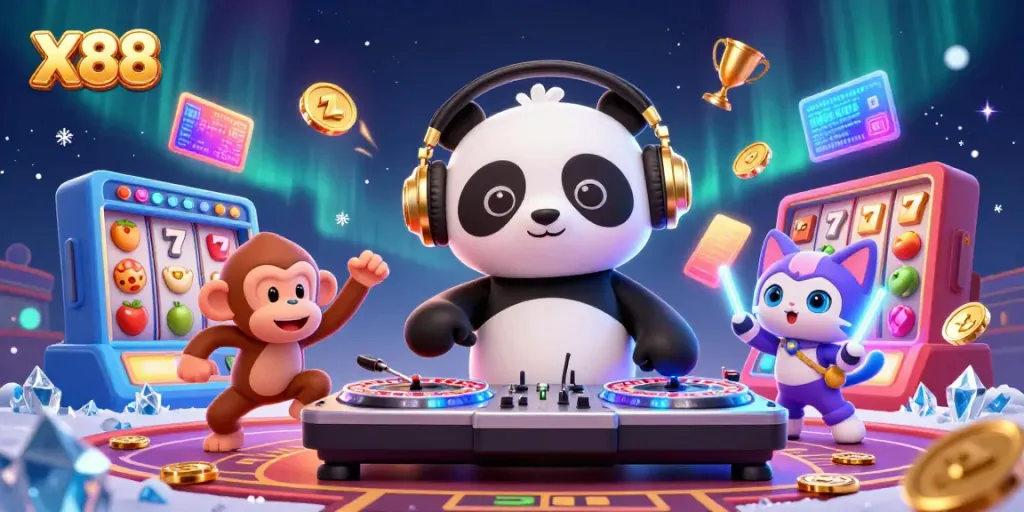 Engage with X88's colorful casino scene featuring a DJ panda and dynamic gaming elements.