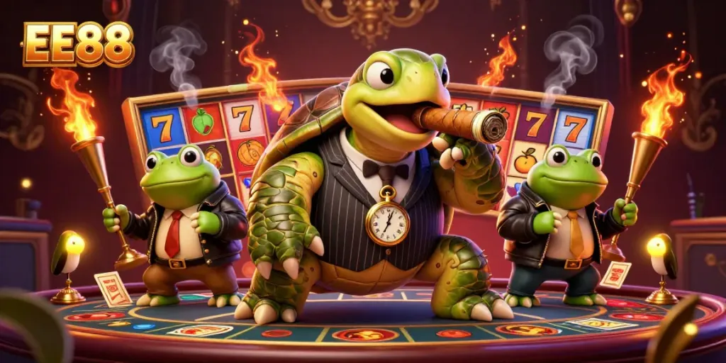 Engage with EE88's thrilling casino experience featuring a cartoon snapping turtle and bullfrogs amidst dynamic slot game elements.