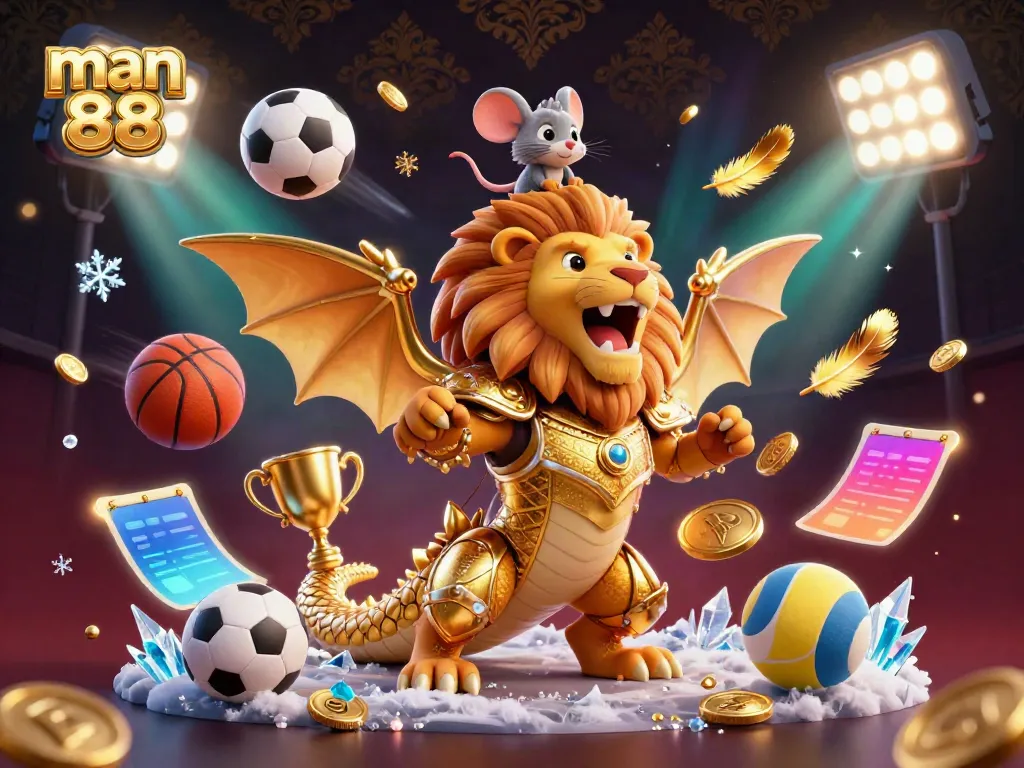 Engage with man 88 in a 3D dynamic casino scene showcasing sports betting action and vibrant characters.