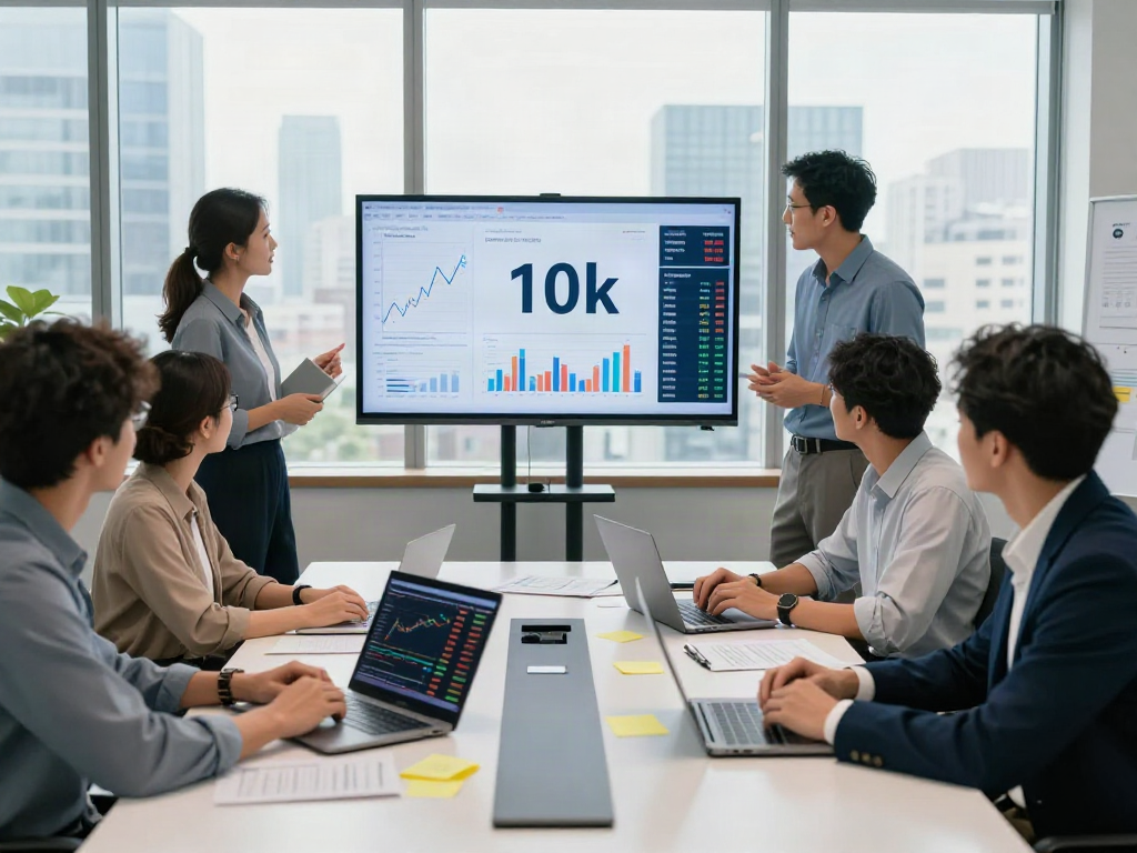 Brainstorming session in a finance office to discuss strategies for deposit 10k, with analysts collaborating over charts and data.