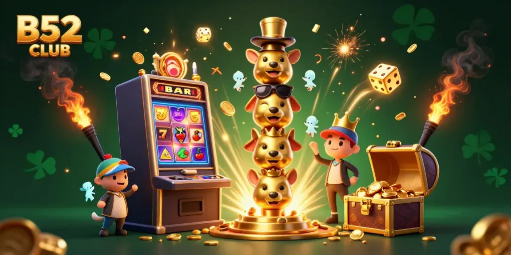 Engage with the vibrant world of B52 CLUB featuring a dazzling 3D casino scene with joyful animal totems and explosive jackpots.