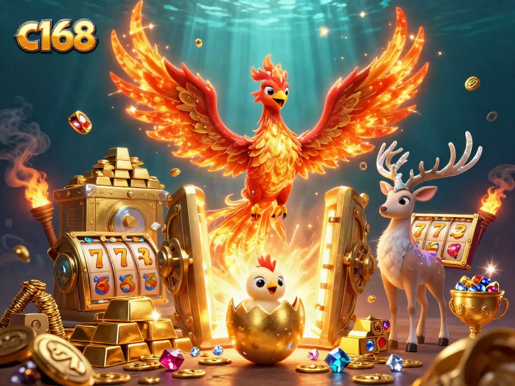 Engage in thrilling slot action with c168's vibrant fire phoenix and stunning treasures.
