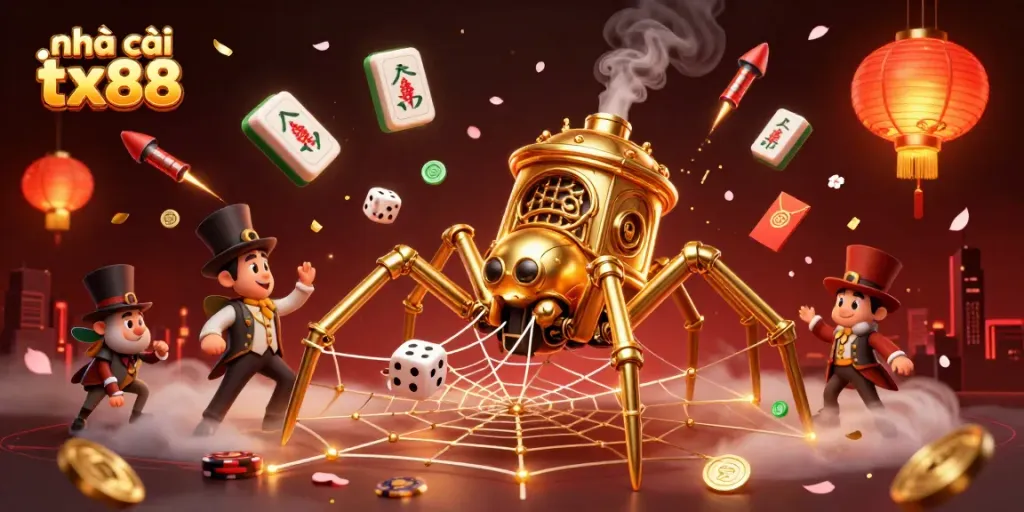 Engage with thrilling games at nhà cái tx88, highlighted by a steampunk spider weaving golden chains amidst festive decor.