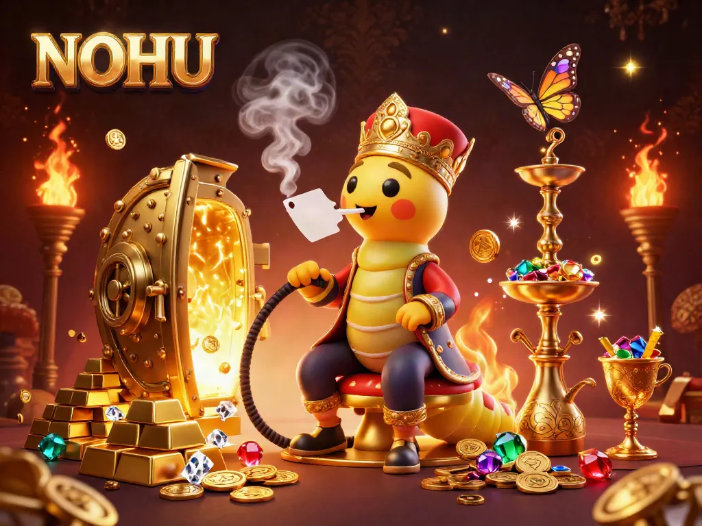 Engage in thrilling casino action with NOHU's vibrant 3D animated scene featuring poker symbols and treasure.