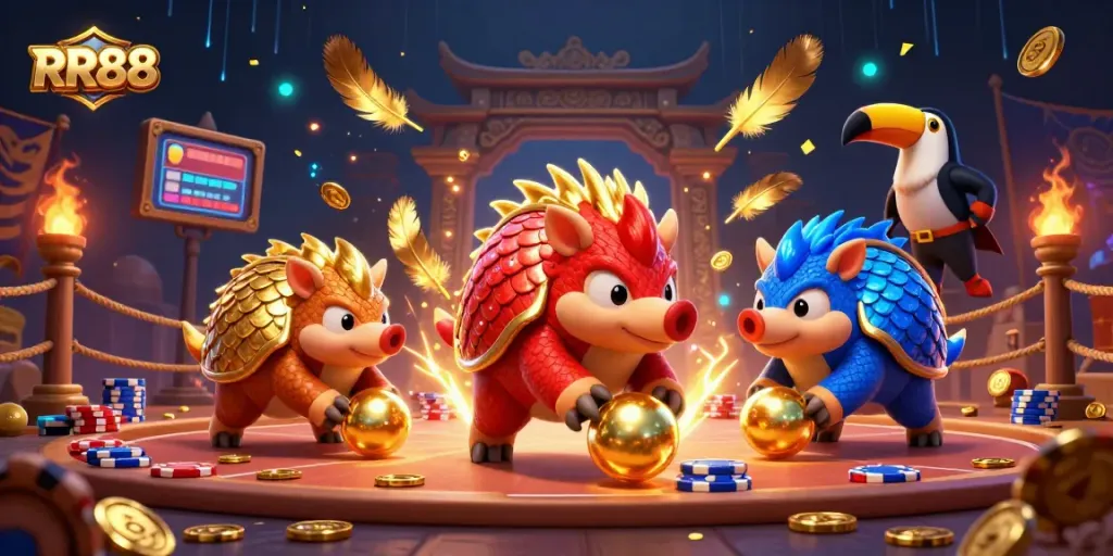 RR88 pangolins bowling through poker chips while celebrating with a toucan referee.
