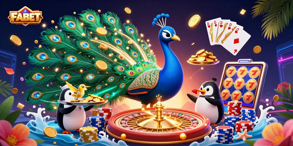 Experience FABET's vibrant casino action with peacock, penguin, and hummingbird amidst gold coins and poker chips.