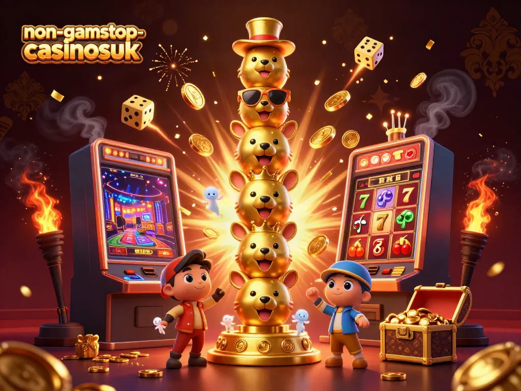 Engage with the non-gamstop-casinosuk vivid 3D casino themed illustration showcasing a playful totem pole amidst an explosion of casino symbols and vibrant elements.