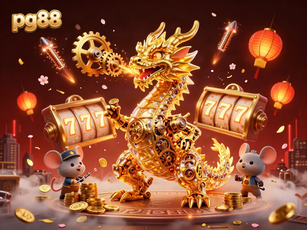 Spin the reels at pg88 in a vibrant 3D casino world with a golden dragon and festive elements.