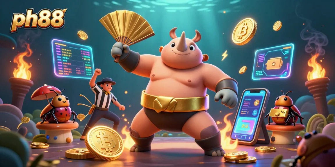 Engage with ph88's dynamic game scene featuring a beetle champion amidst coins and crypto elements.