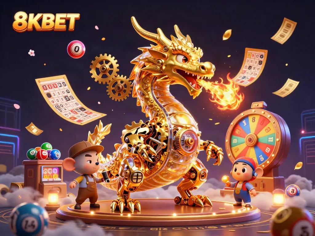 Experience excitement at 8KBET with a lively 3D scene featuring a golden dragon amidst colorful lottery elements.
