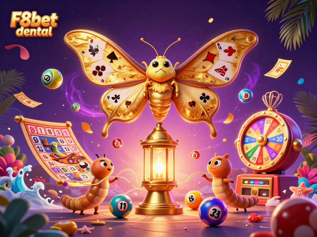 Play vibrant games at F8bet dental, featuring a lively casino scene with a golden moth and dynamic gambling elements.
