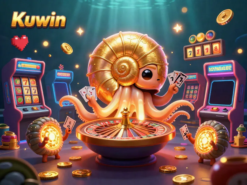 Kuwin showcases an exciting 3D casino scene with a giant nautilus roulette wheel, slot reels, and glowing arcade machines.