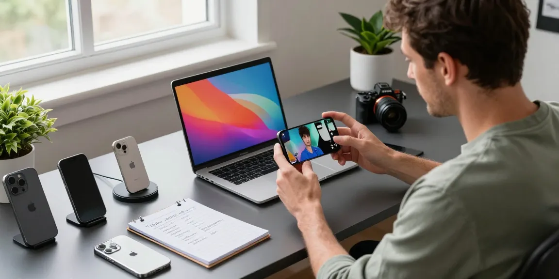 Reviewer exploring iPhone 17 camera features in a modern tech workspace.