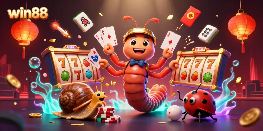 Win88 cartoon dealer animatedly showcasing card tricks around vibrant slot reels.