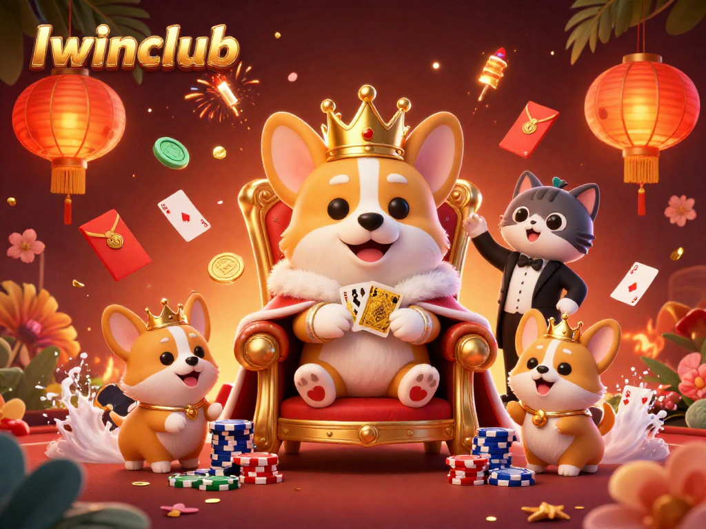 Iwinclub showcases an energetic royal corgi surrounded by poker elements in this vibrant illustration.