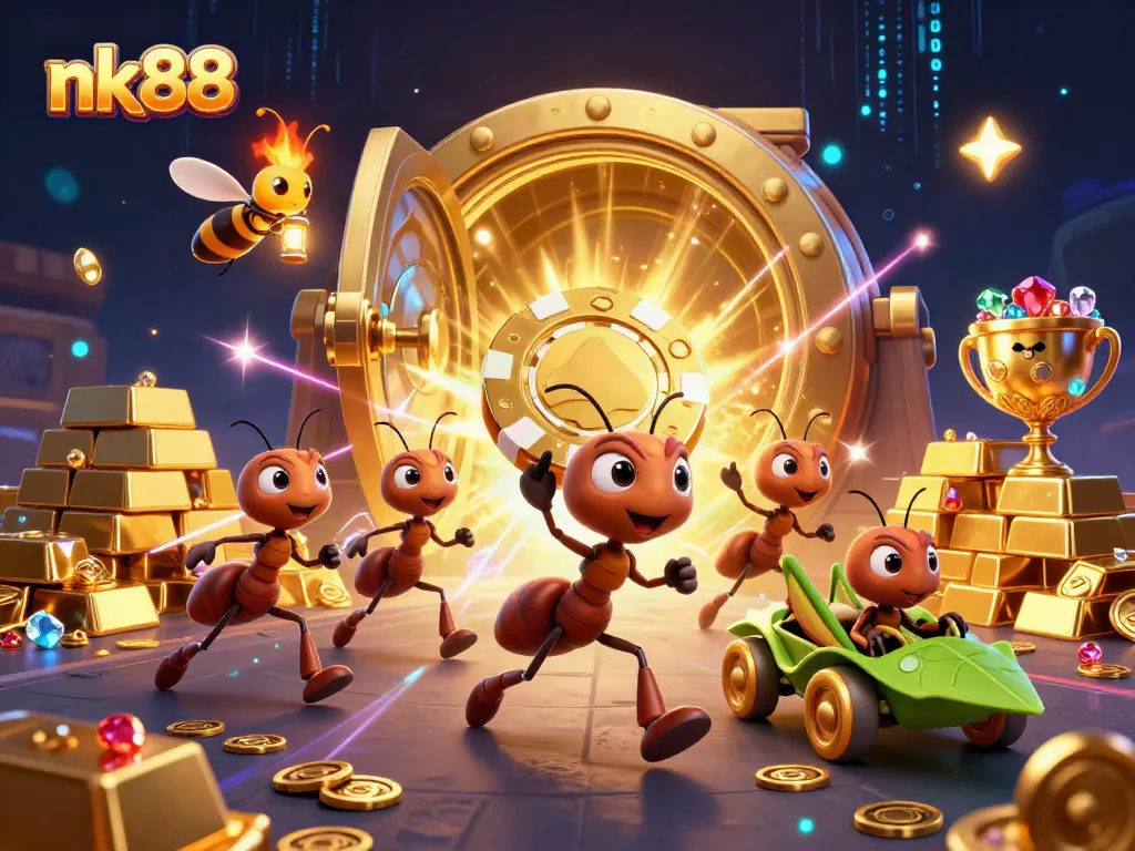 nk88 players navigating a casino heist amid gold treasures and vibrant casino elements.