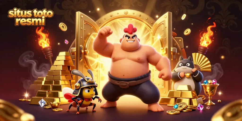 Experience the thrill with situs toto resmi, a dynamic casino scene featuring vibrant characters and overflowing treasures.