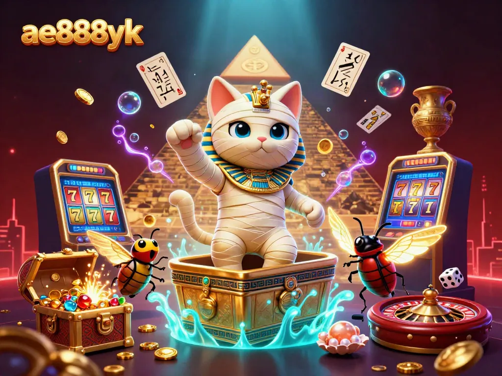 Play interactive slots at ae888yk with a lively illustration of an Egyptian mummy cat in a casino.