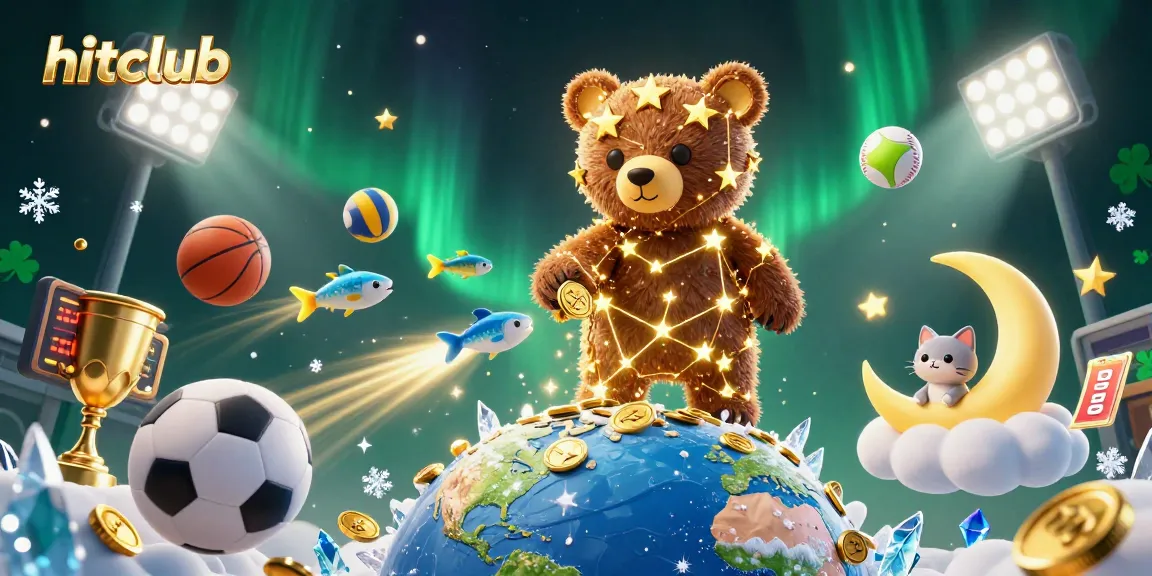 Join the hitclub experience with an exciting 3D illustration of a constellation bear gathering coins in a dynamic, vibrant casino setting.