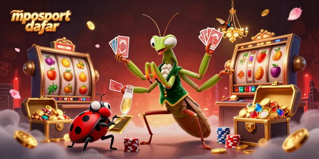 Mposport daftar captivating 3D scene showcasing a card sharp mantis and pit boss amid festive slots and treasures.